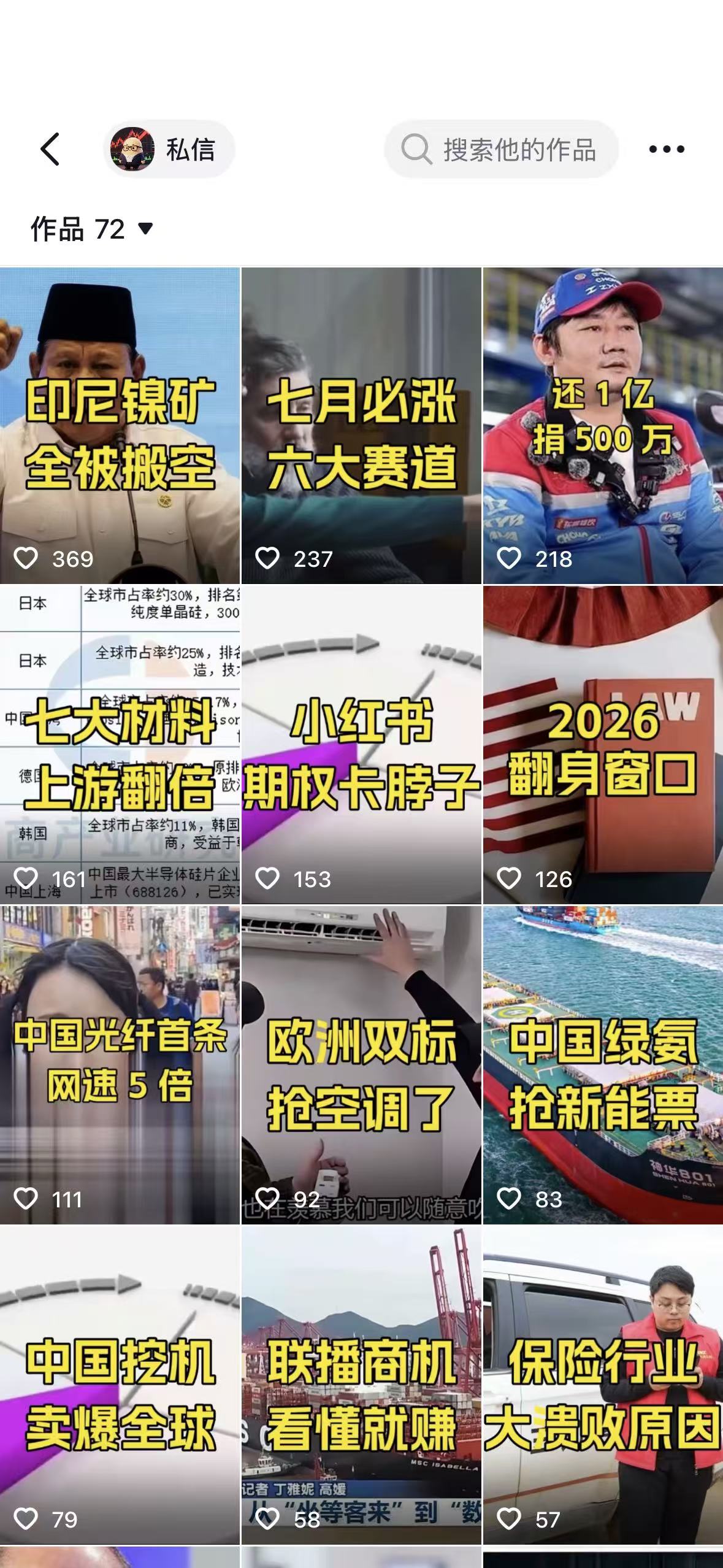 视频合成 Agent 账号作品列表样例